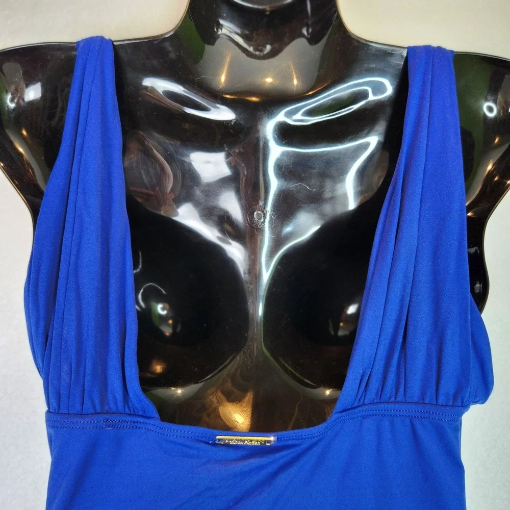 Lauren Ralph Lauren Blue Ruched V-Neck One‎ Piece Swimsuit Size 8